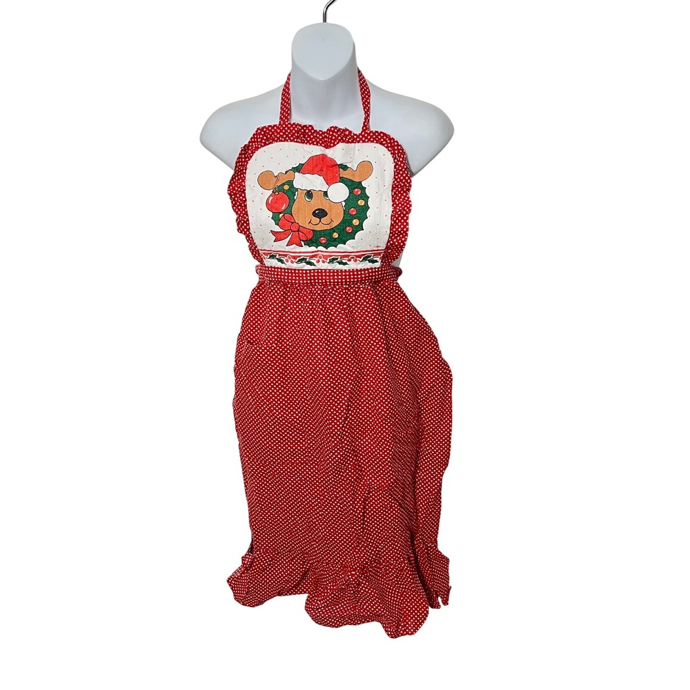 Country Christmas‎ Apron Women OS Red Heart Reindeer Ruffle Holiday Kitchen